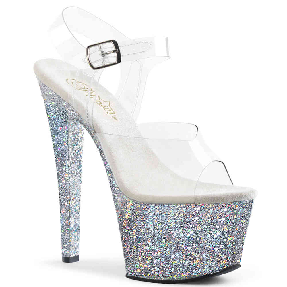 Pleaser - SKY-308LG Knöchelriemen-Sandale, Poledance Schuhe - Pole dance schuhe - Silberfarben/Transparent